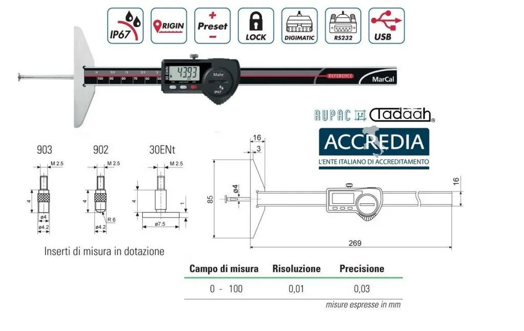 4126513C Calibro digitale di profondità Serie Mahr con uscita dati Marconnect, Campo di misura 0-100, IP67, centesimale - Con ce