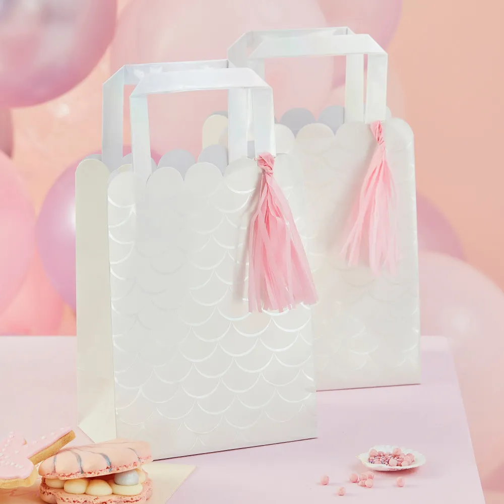 5 bustine regalo bianco cangiante con nappine