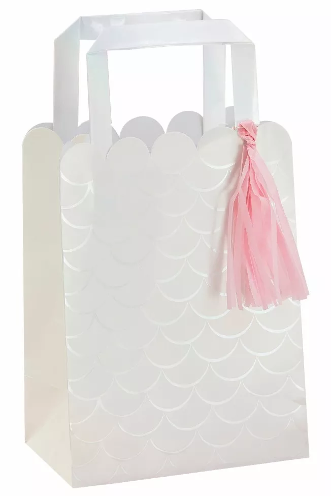 5 bustine regalo bianco cangiante con nappine