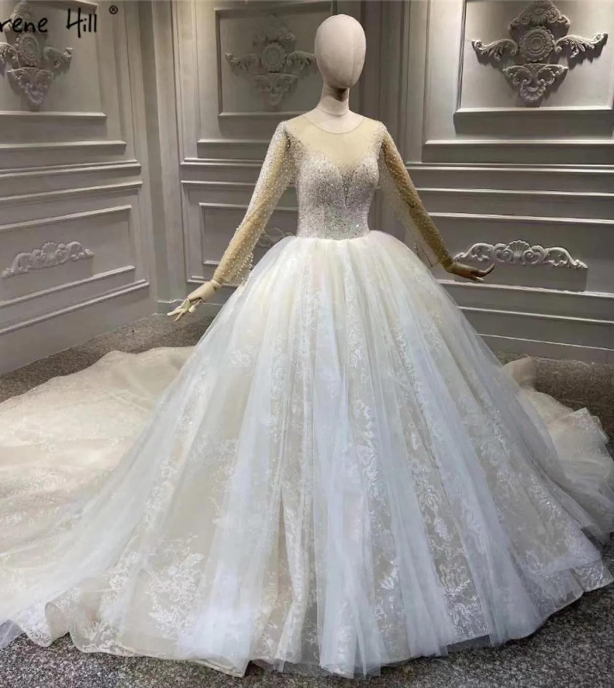 Abiti da sposa vintage di lusso Oneck avorio maniche lunghe perline paillettes fiori abiti da sposa Ha2319 matrimonio su misura