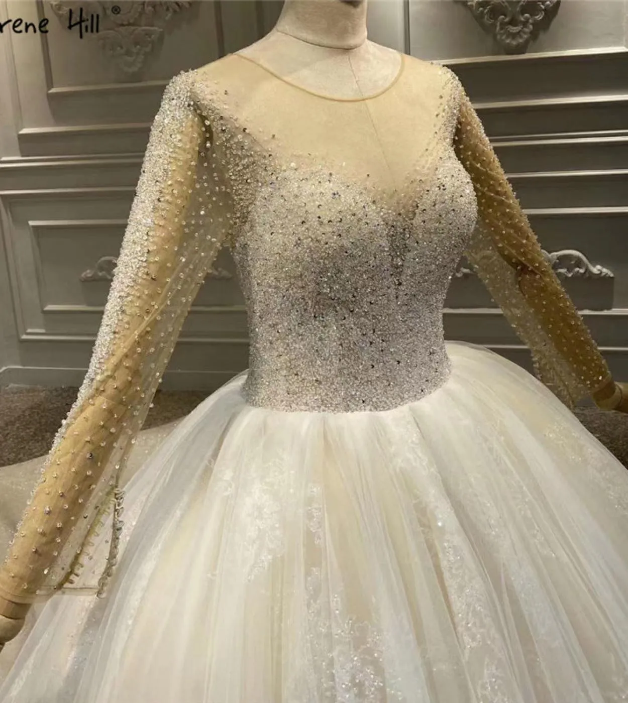 Abiti da sposa vintage di lusso Oneck avorio maniche lunghe perline paillettes fiori abiti da sposa Ha2319 matrimonio su misura