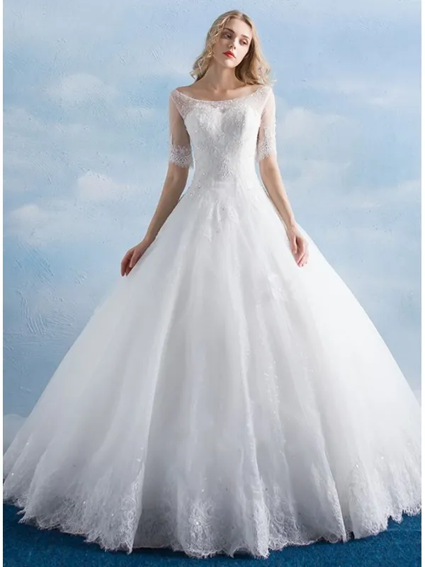 Abito da Sposa A-line con Pizzo delicato e scollo a barchetta