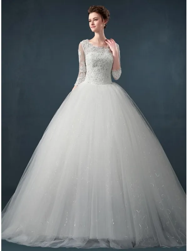 Abito da Sposa A line di Tulle vaporoso con corpetto di Pizzo e manica 3/4