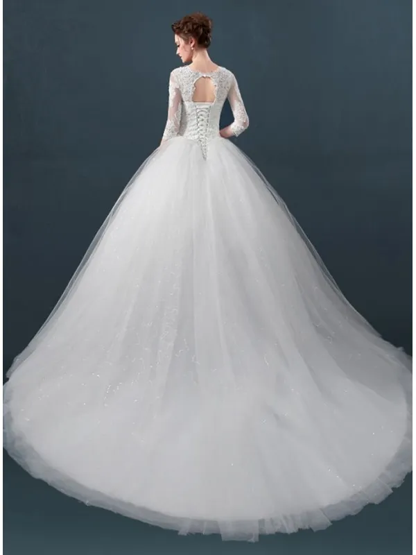 Abito da Sposa A line di Tulle vaporoso con corpetto di Pizzo e manica 3/4