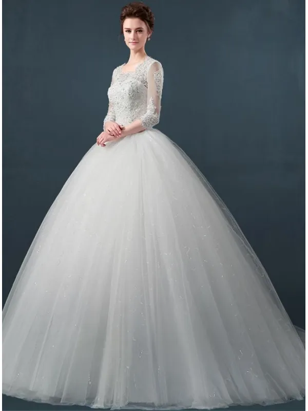 Abito da Sposa A line di Tulle vaporoso con corpetto di Pizzo e manica 3/4