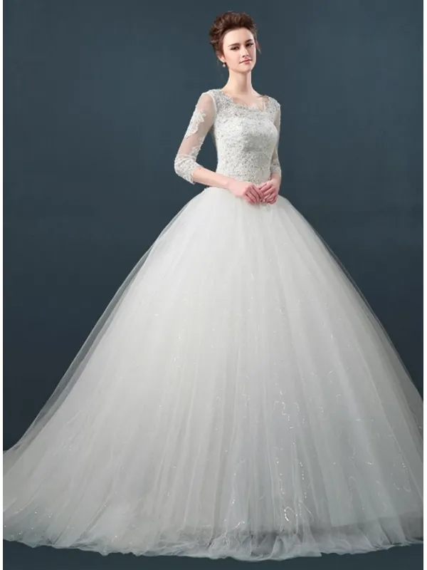 Abito da Sposa A line di Tulle vaporoso con corpetto di Pizzo e manica 3/4