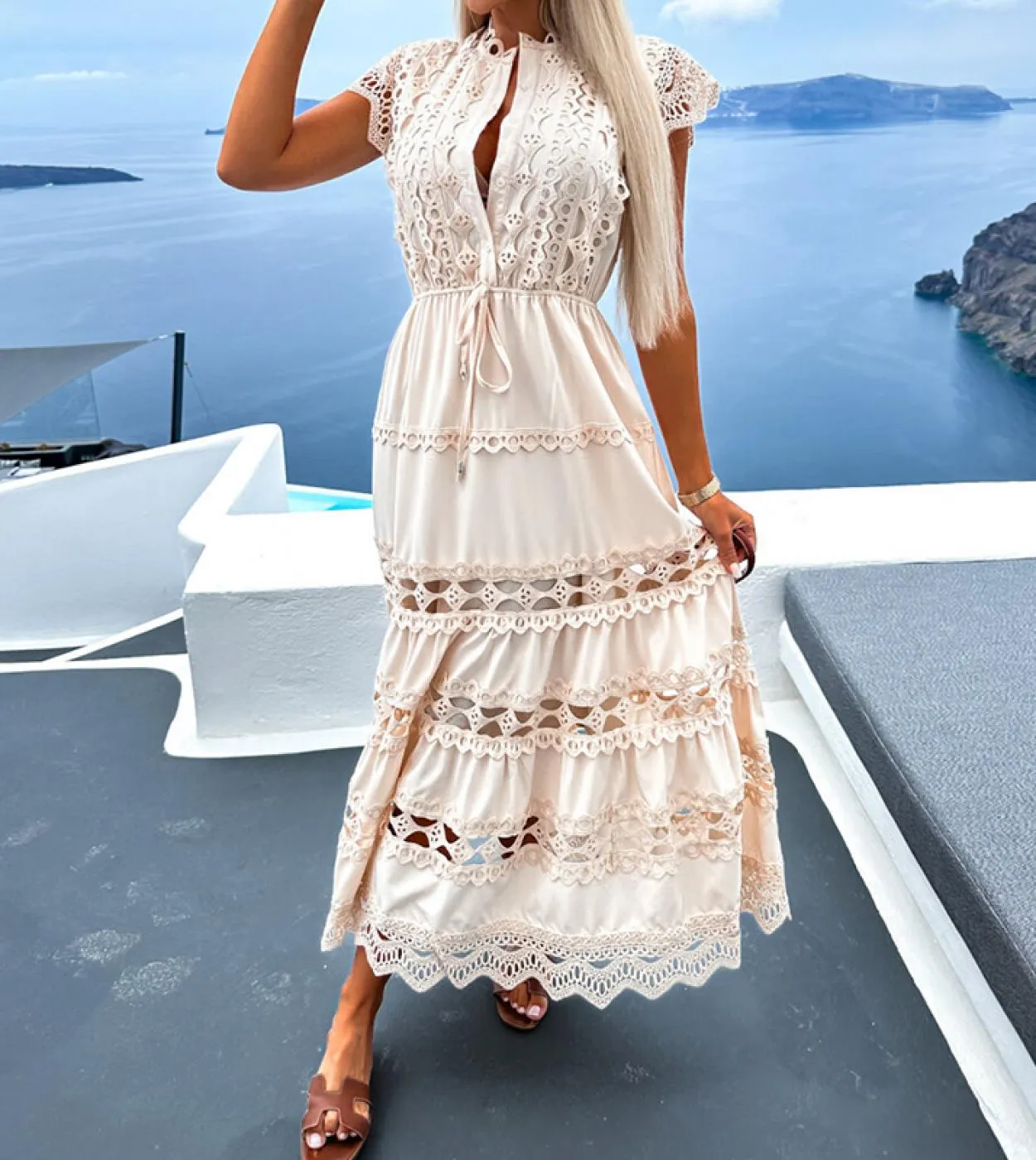Abito estivo casual a maniche corte con lacci Abito lungo da donna in pizzo con ricami Abito da sera elegante con scollo a O Max