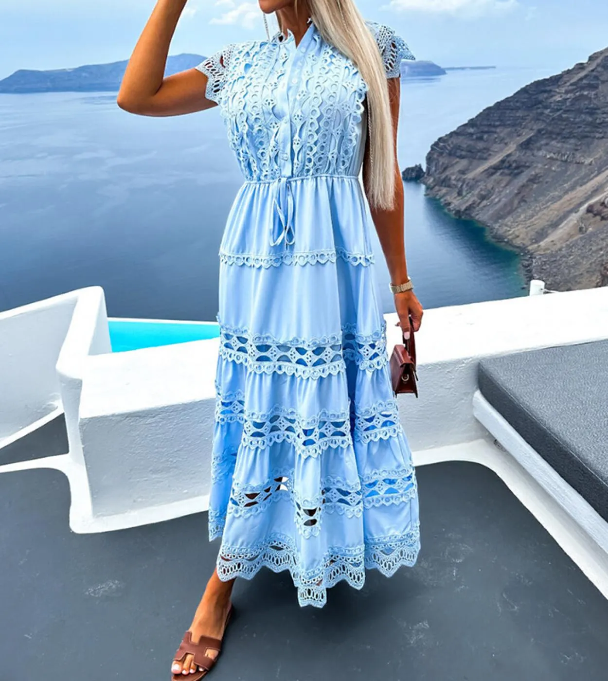 Abito estivo casual a maniche corte con lacci Abito lungo da donna in pizzo con ricami Abito da sera elegante con scollo a O Max