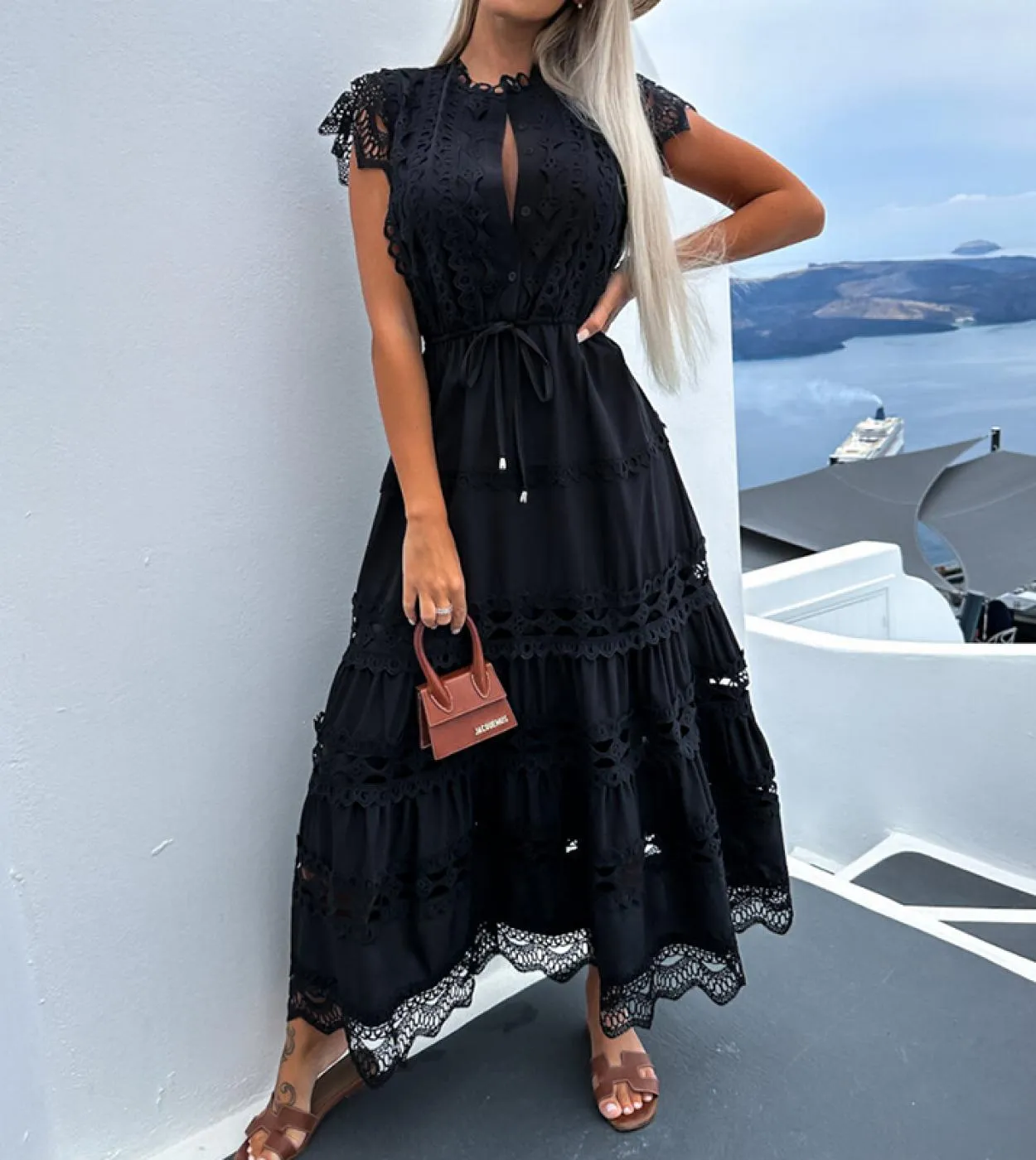 Abito estivo casual a maniche corte con lacci Abito lungo da donna in pizzo con ricami Abito da sera elegante con scollo a O Max
