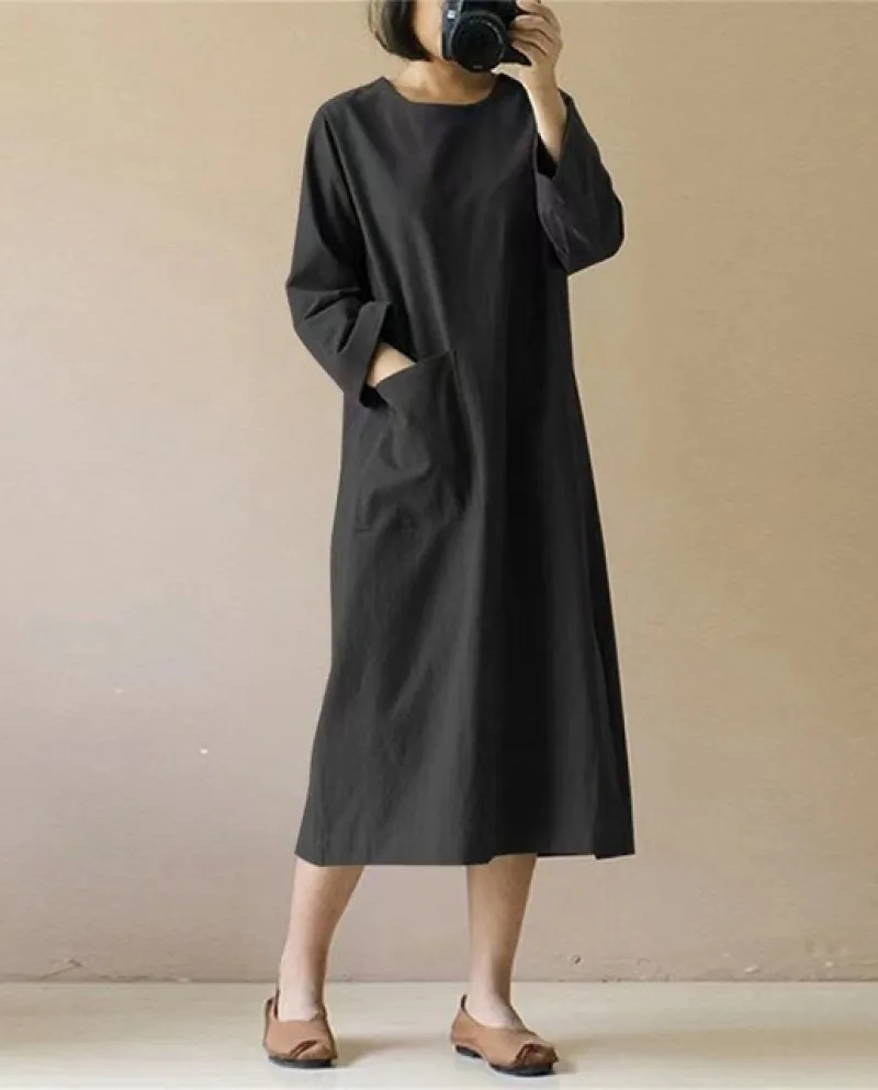 Abito longuette casual sciolto da donna manica lunga o collo abito casual retrò letterario solido con tasche elegante giro quoti