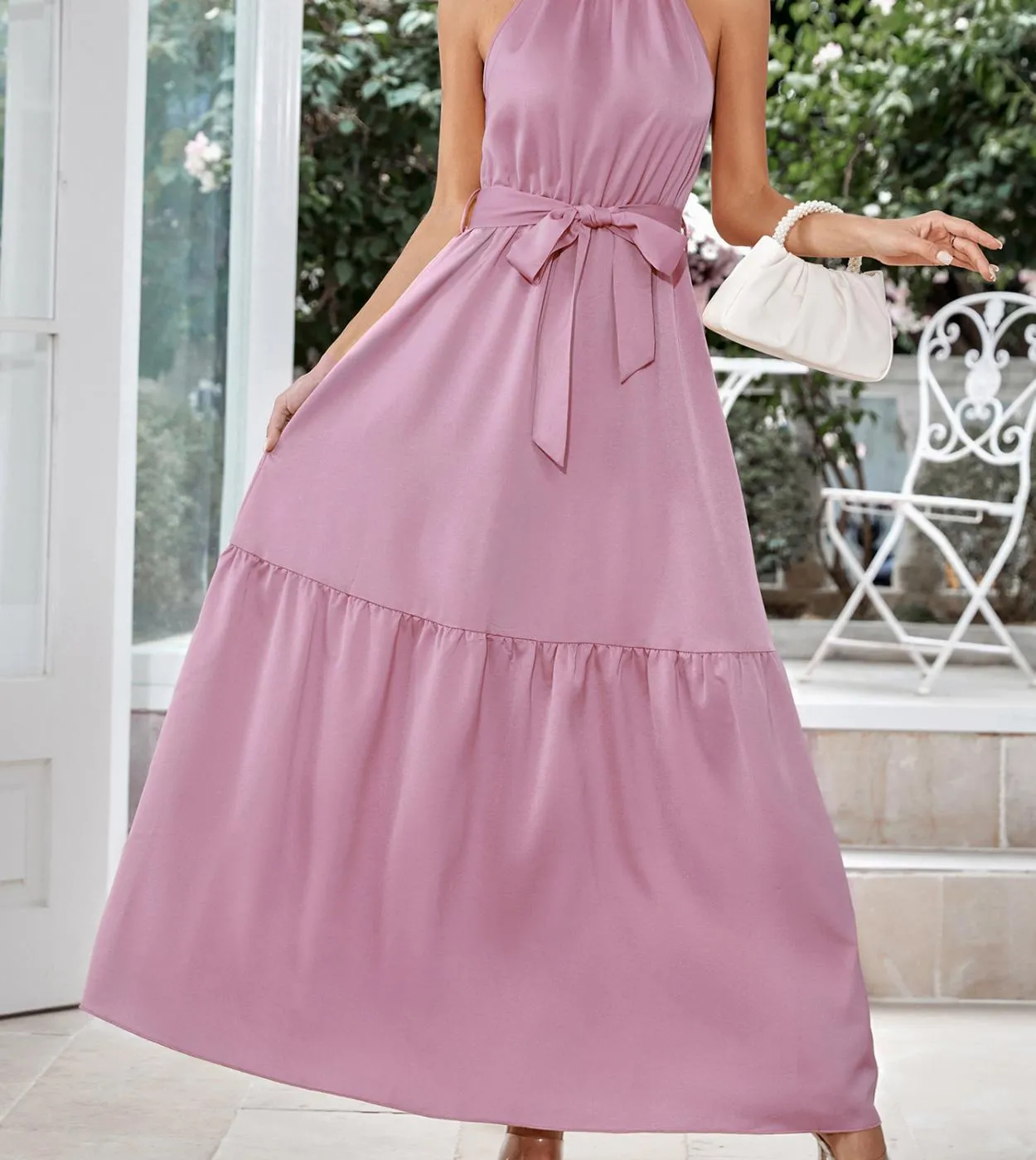 Abito lungo elegante alla moda Abito da cravatta sottile tinta unita casual da donna con scollo allamericana 2023 Abito senza m