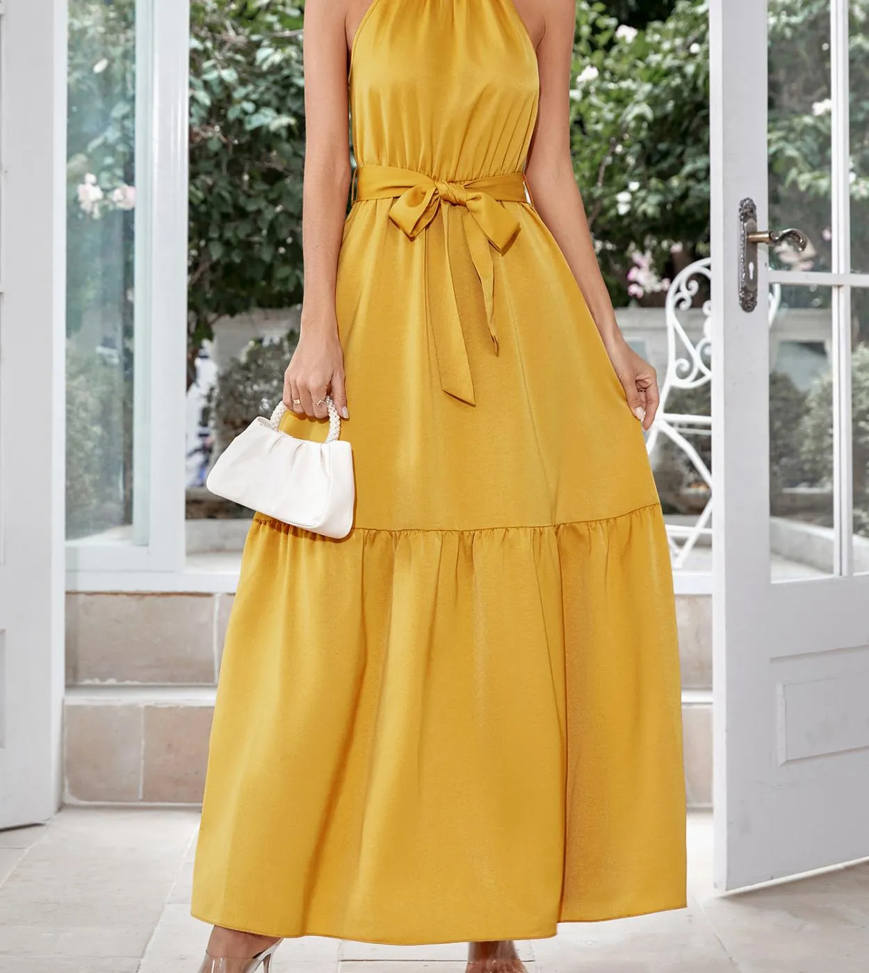 Abito lungo elegante alla moda Abito da cravatta sottile tinta unita casual da donna con scollo allamericana 2023 Abito senza m