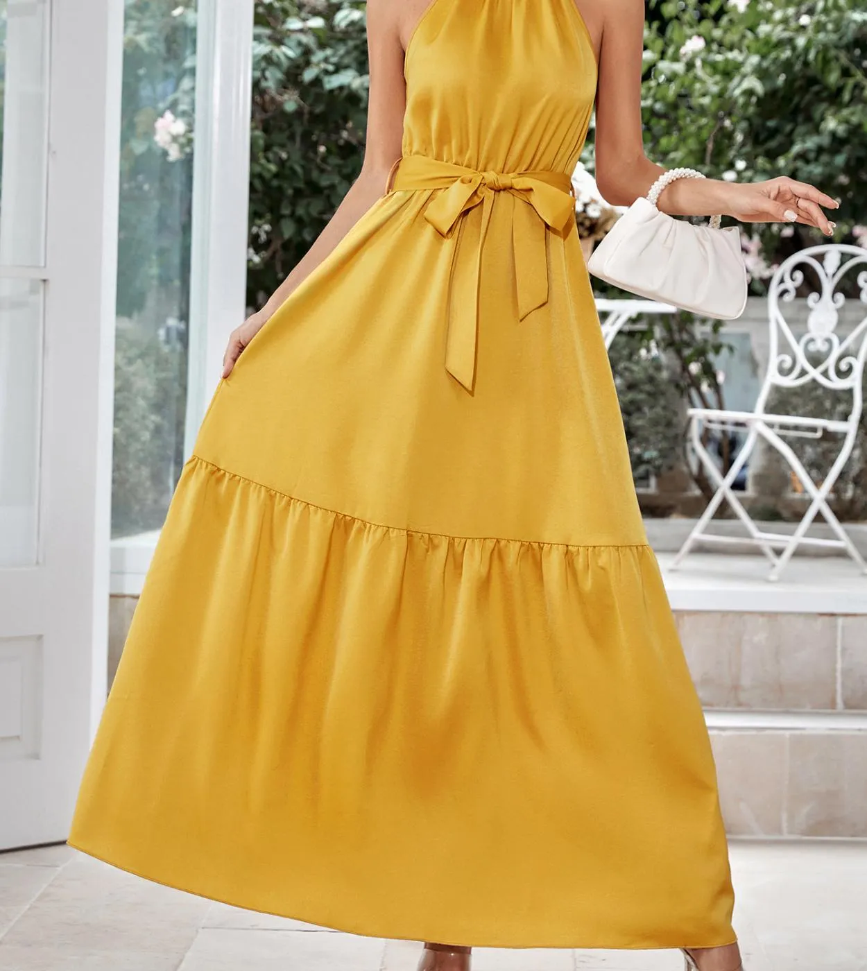 Abito lungo elegante alla moda Abito da cravatta sottile tinta unita casual da donna con scollo allamericana 2023 Abito senza m