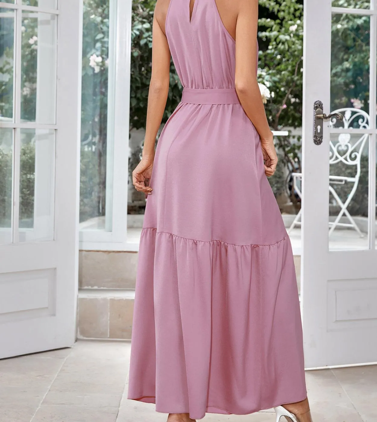 Abito lungo elegante alla moda Abito da cravatta sottile tinta unita casual da donna con scollo allamericana 2023 Abito senza m