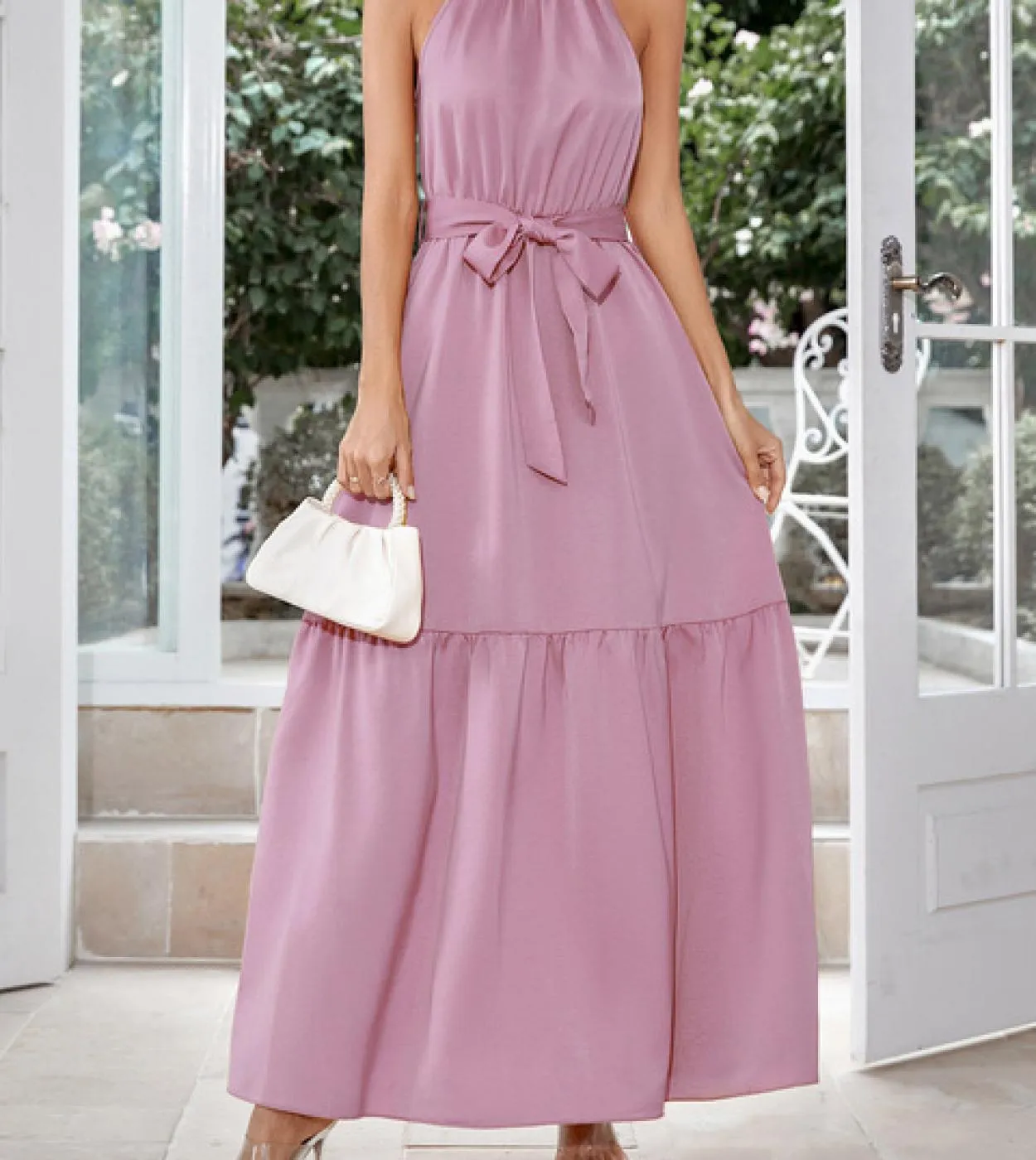 Abito lungo elegante alla moda Abito da cravatta sottile tinta unita casual da donna con scollo allamericana 2023 Abito senza m