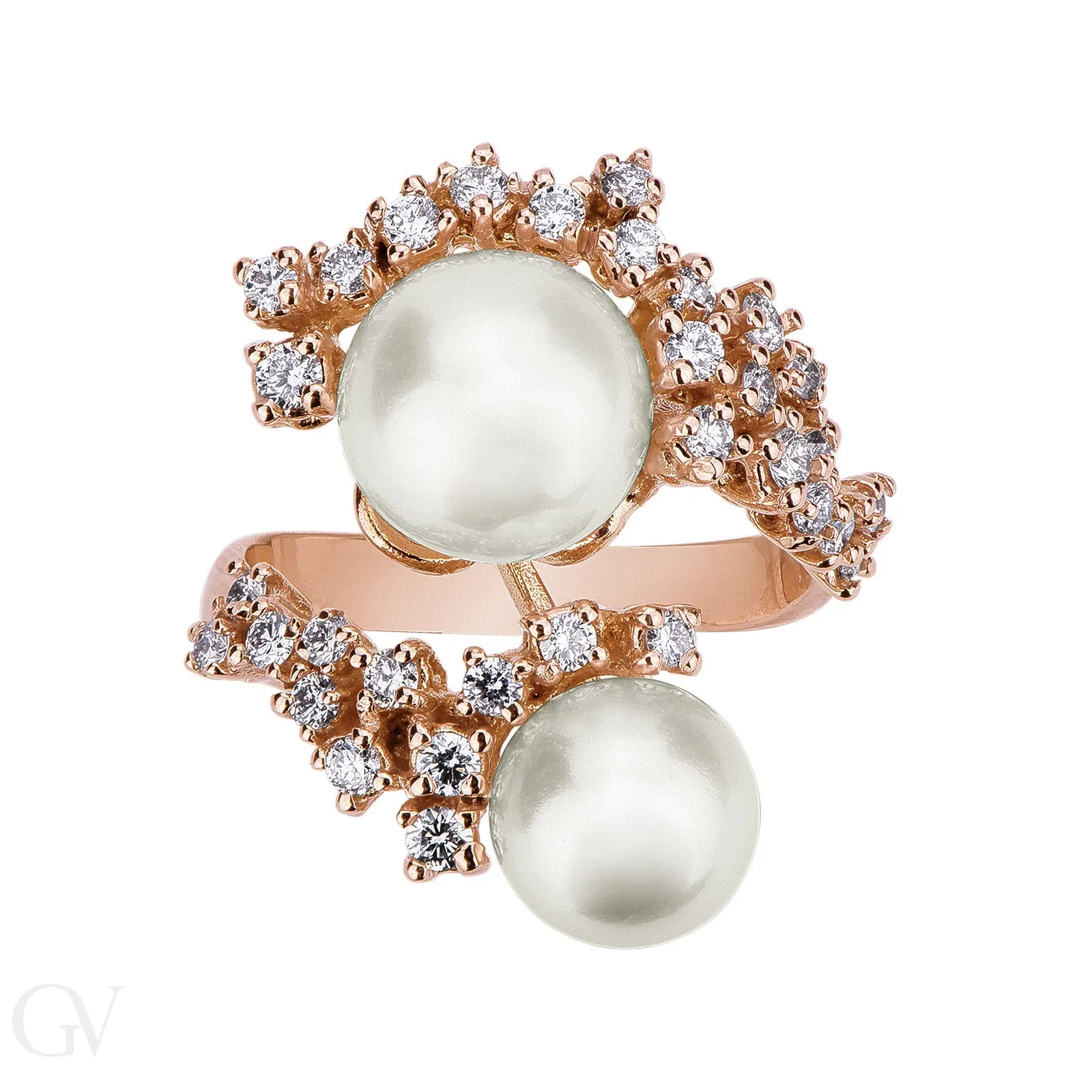 Anello in oro rosa 18k con Perle e diamanti.