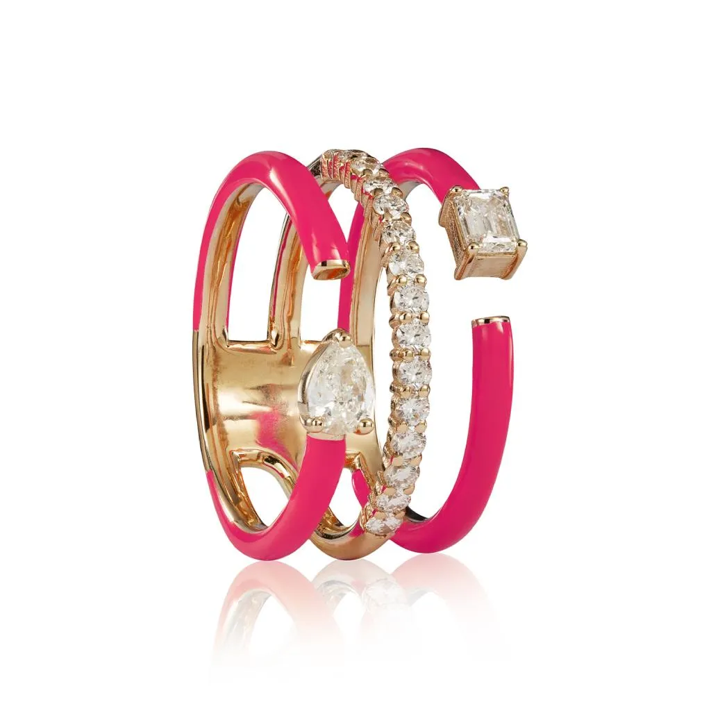 Anello oro giallo smaltato fucsia 3 gambi 3 tagli diamanti 0,71ct