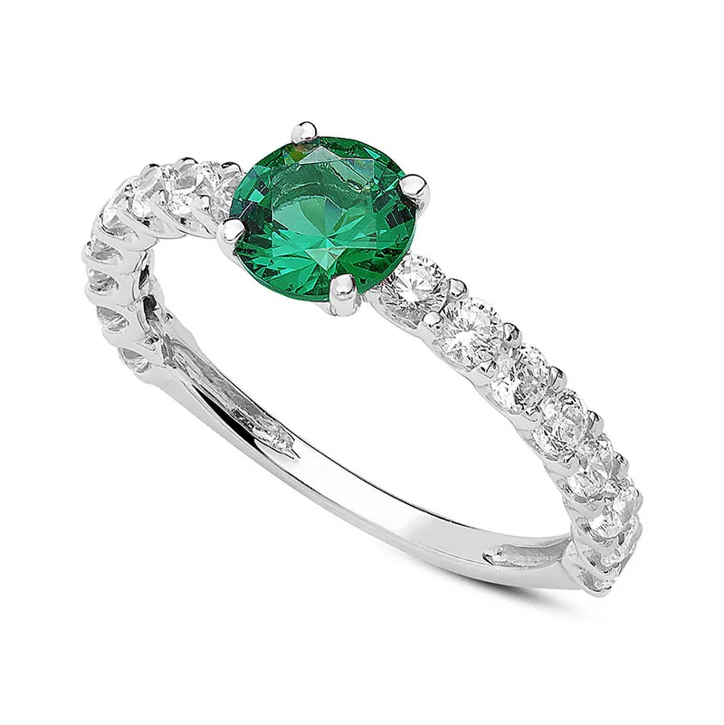 Anello Solitario Ambrosia in Oro Bianco con Zirconi Bianchi e Verde