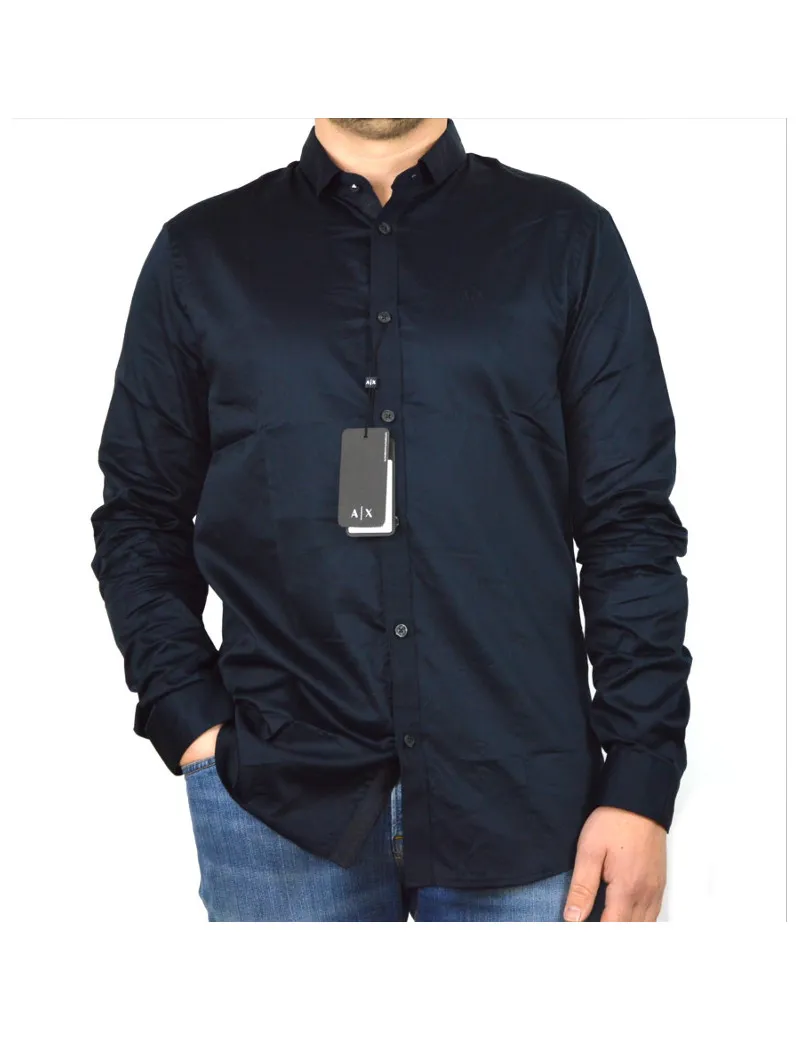 ARMANI EXCHANGE camicia uomo manica lunga blu colletto piccolo 3GZC14