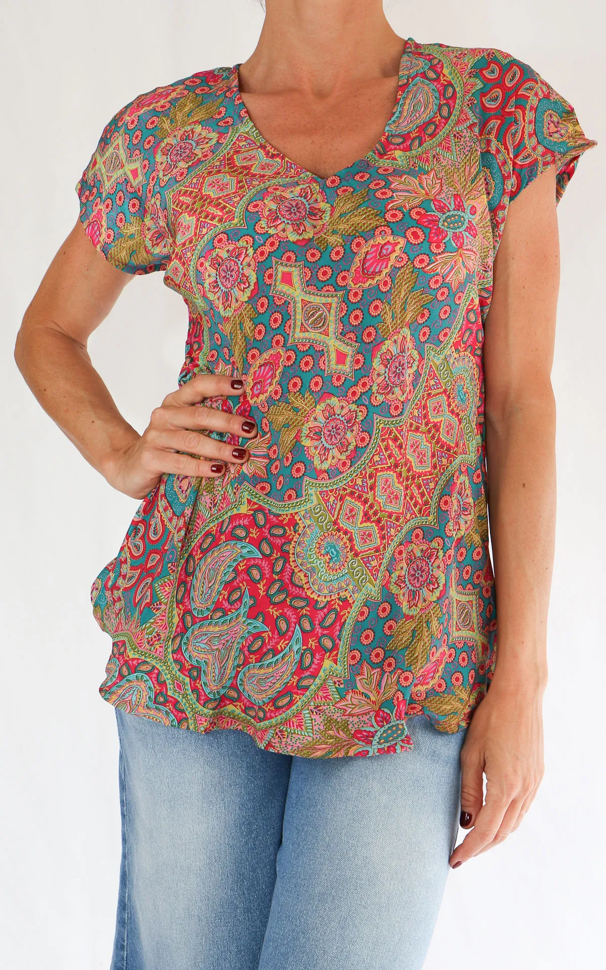 AYFËE – Top mezza manica scollo V – Fucsia / verde / india