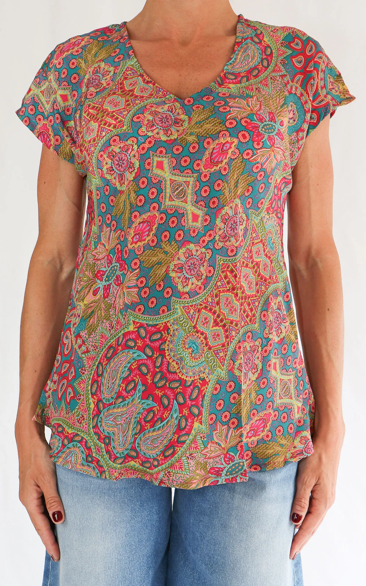 AYFËE – Top mezza manica scollo V – Fucsia / verde / india