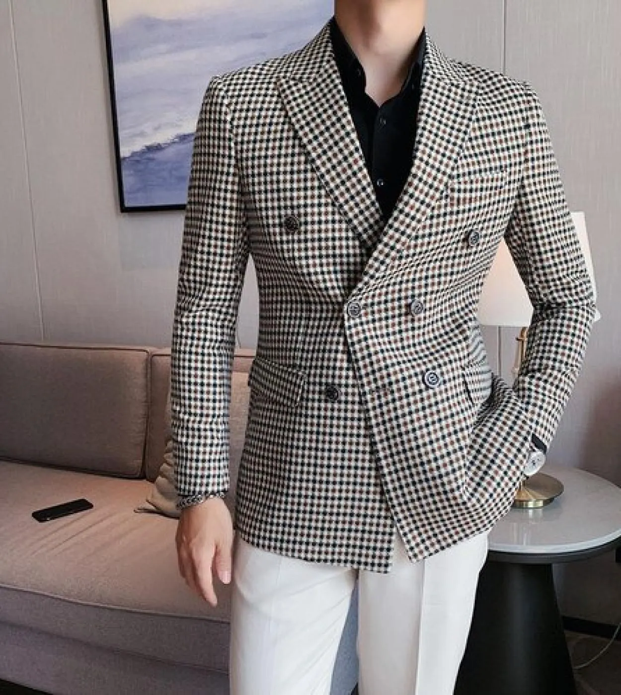 Blazer doppiopetto da lavoro casual da uomo scozzese alla moda Giacca da abito pied de poule britannica slim fit Casual Top Fash