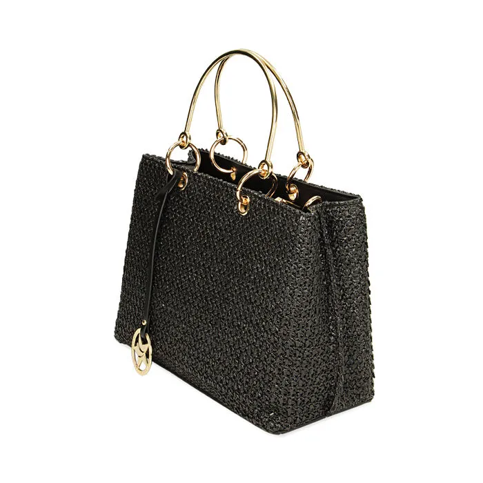 Borsa a mano nera in paglia