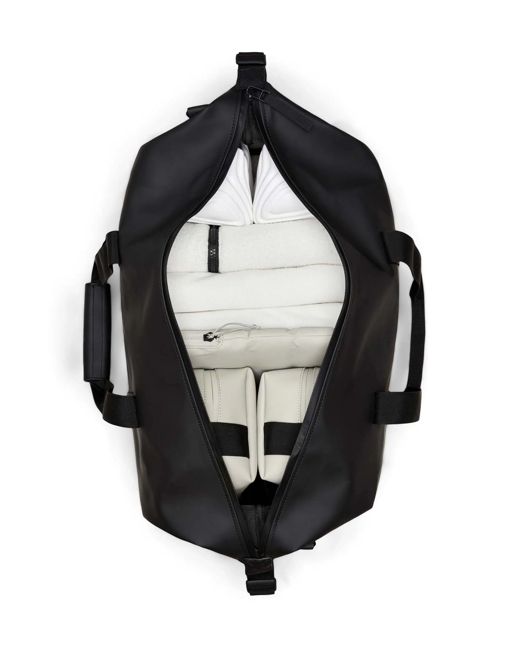 Borsa Weekend Bag Large nera in tessuto impermeabile effetto gommato con tracolla removibile