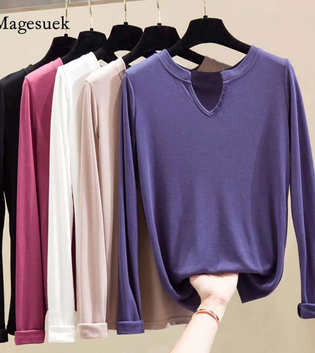 Camicetta a maniche lunghe in cotone con scollo a V manica lunga nuova camicetta da donna in tinta unita slim fit camicia da don