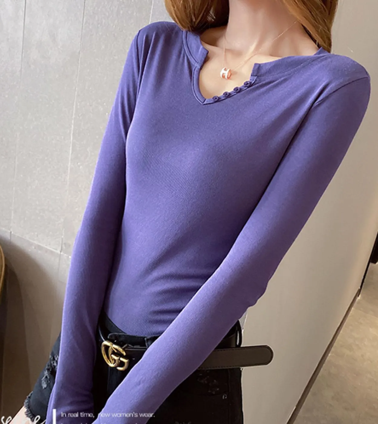 Camicetta a maniche lunghe in cotone con scollo a V manica lunga nuova camicetta da donna in tinta unita slim fit camicia da don