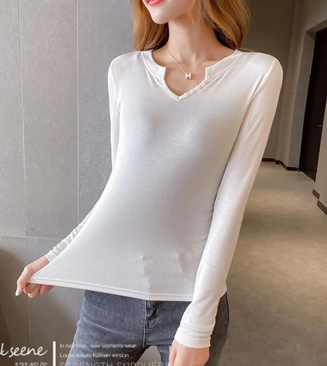 Camicetta a maniche lunghe in cotone con scollo a V manica lunga nuova camicetta da donna in tinta unita slim fit camicia da don