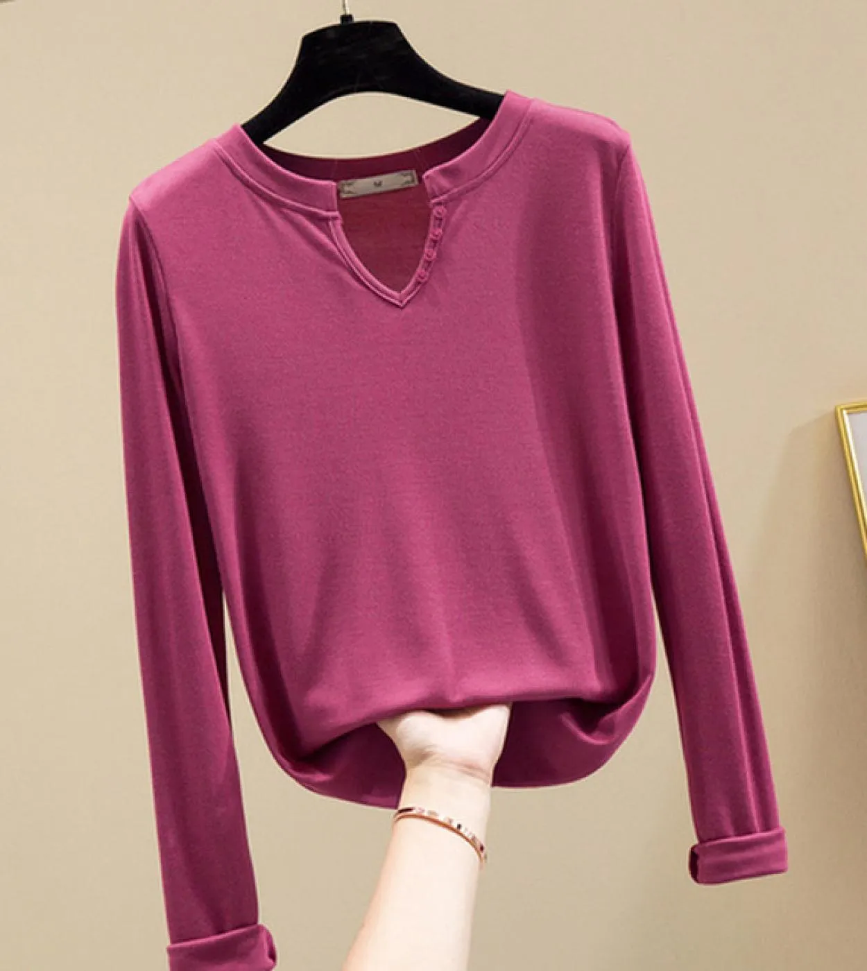 Camicetta a maniche lunghe in cotone con scollo a V manica lunga nuova camicetta da donna in tinta unita slim fit camicia da don