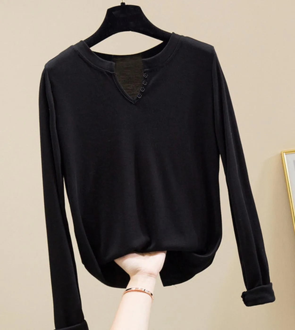 Camicetta a maniche lunghe in cotone con scollo a V manica lunga nuova camicetta da donna in tinta unita slim fit camicia da don