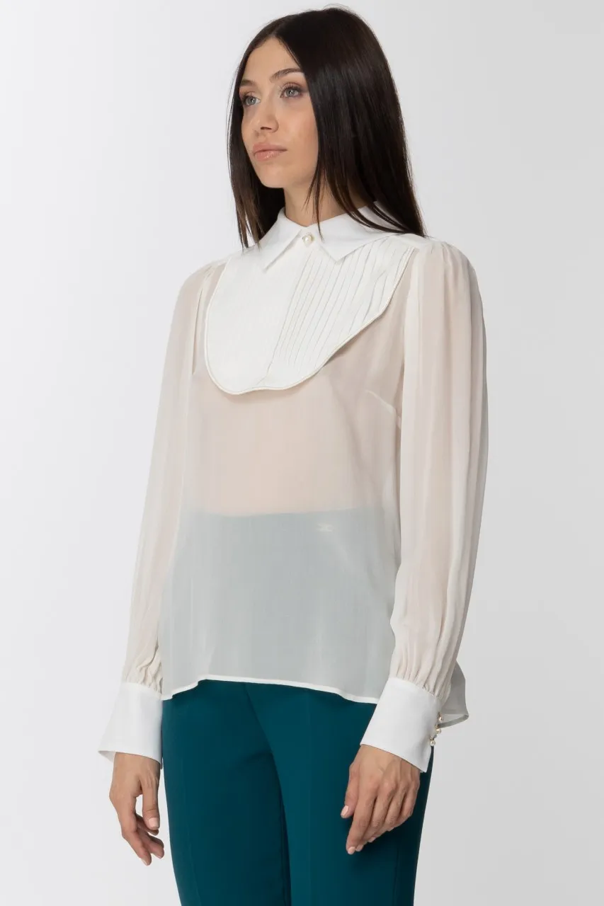 Camicia in seta con plastron plisstettato Avorio