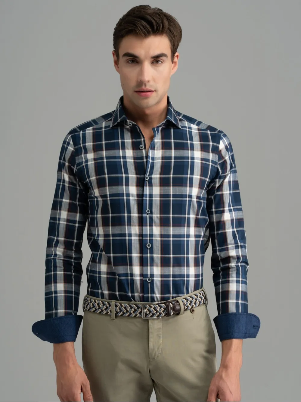 Camicia uomo madras collo semi francese
