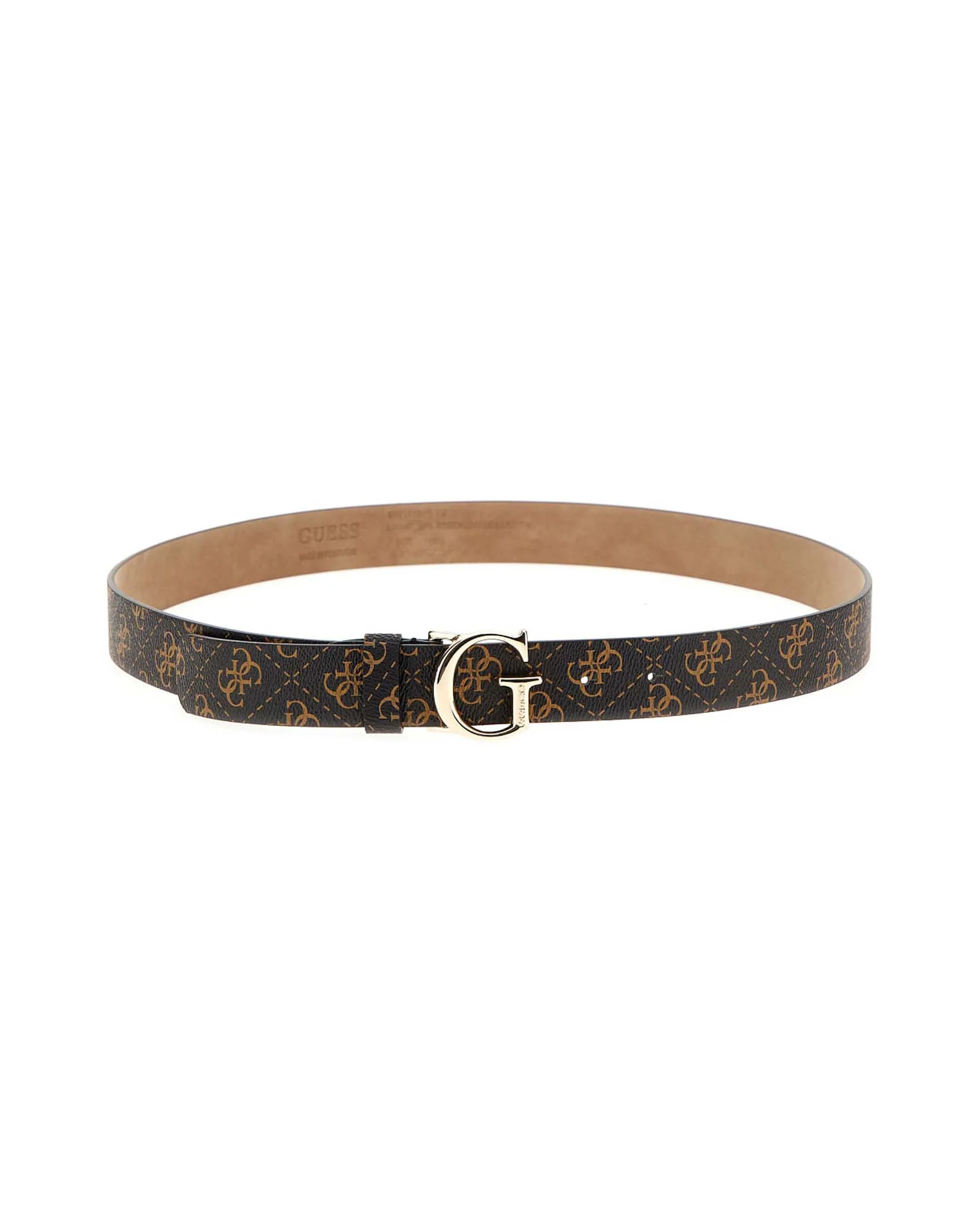 Cintura in similpelle saffiano nera a fantasia monogram cammello con fibbia logo in metallo dorata