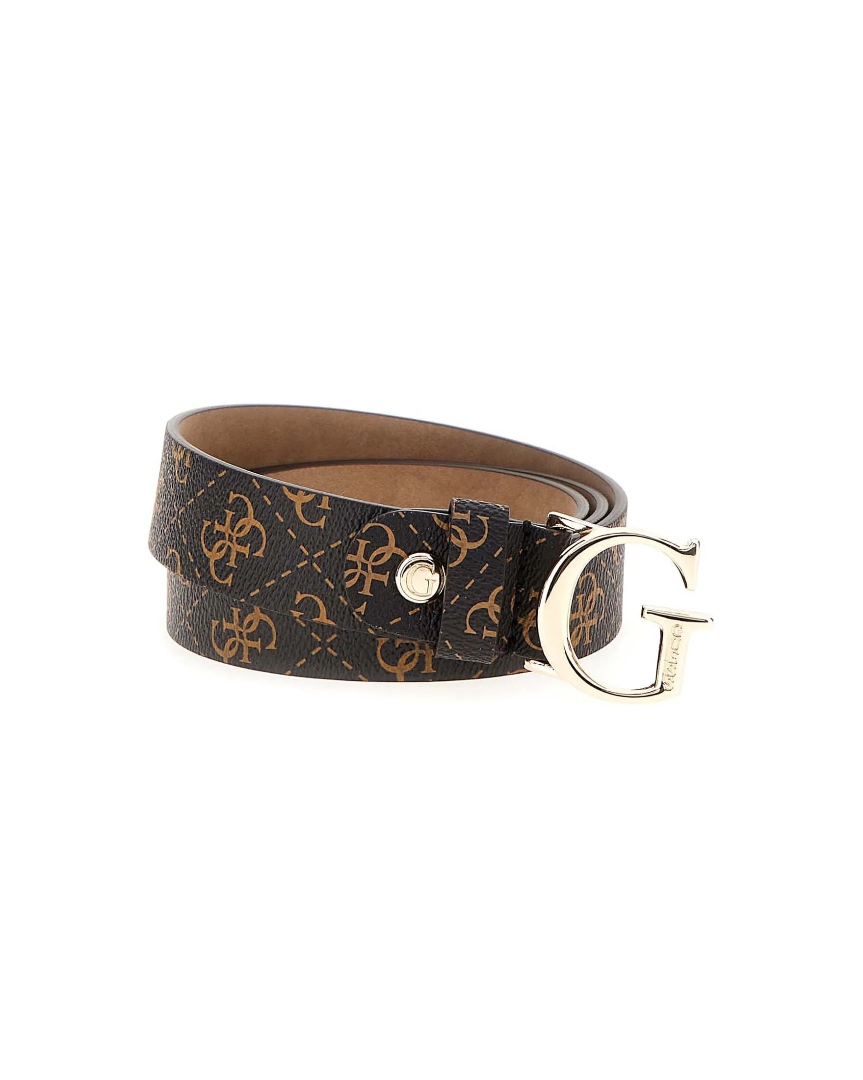 Cintura in similpelle saffiano nera a fantasia monogram cammello con fibbia logo in metallo dorata