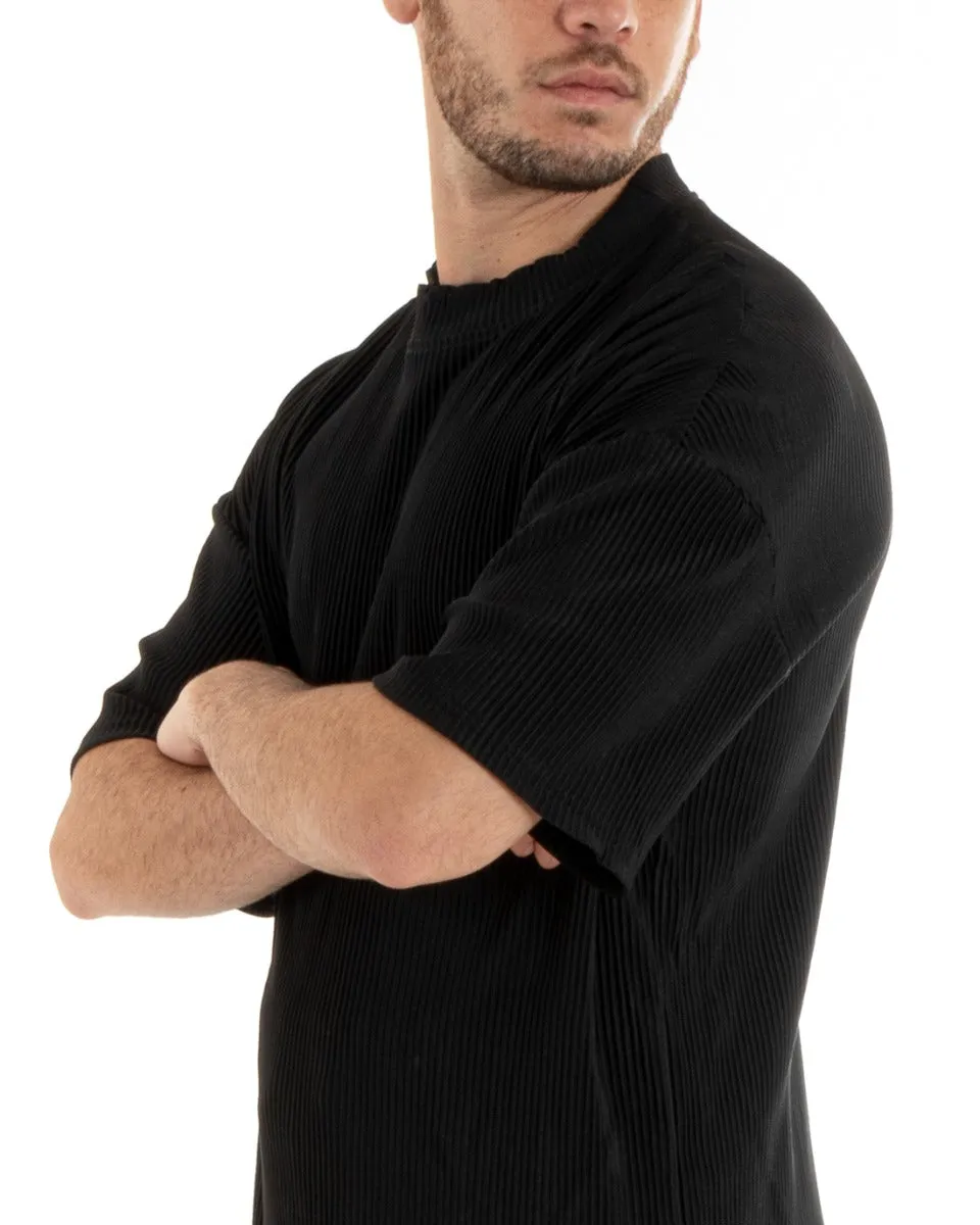 Completo Set Coordinato Uomo Viscosa Plissè T-Shirt Pantaloni Outfit Nero GIOSAL-OU2285A