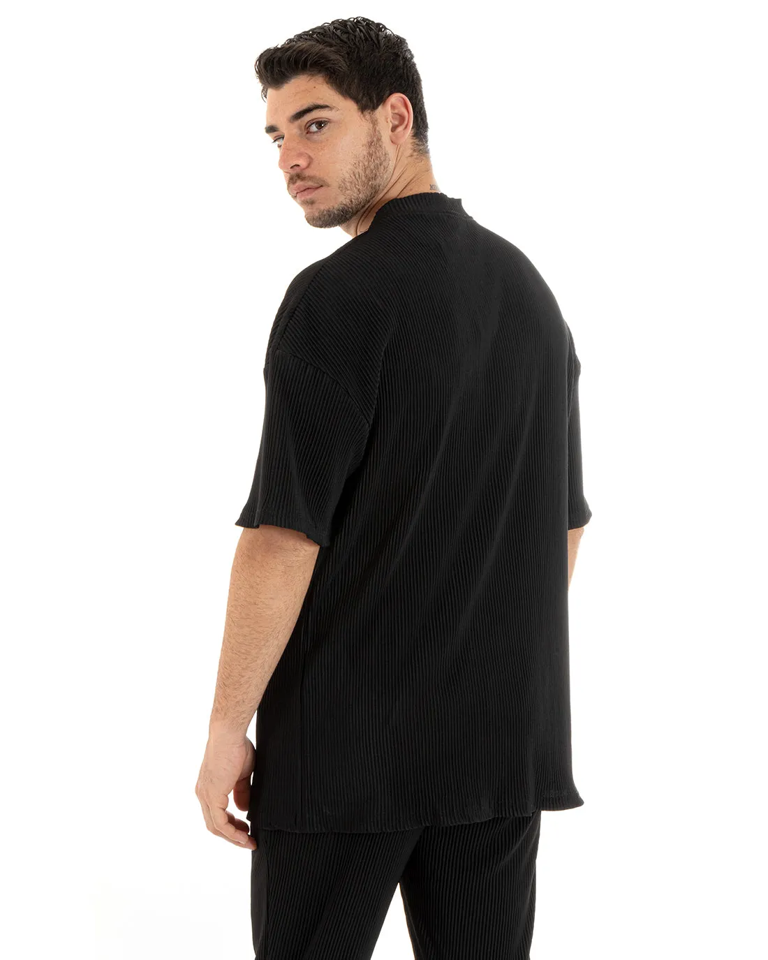 Completo Set Coordinato Uomo Viscosa Plissè T-Shirt Pantaloni Outfit Nero GIOSAL-OU2285A