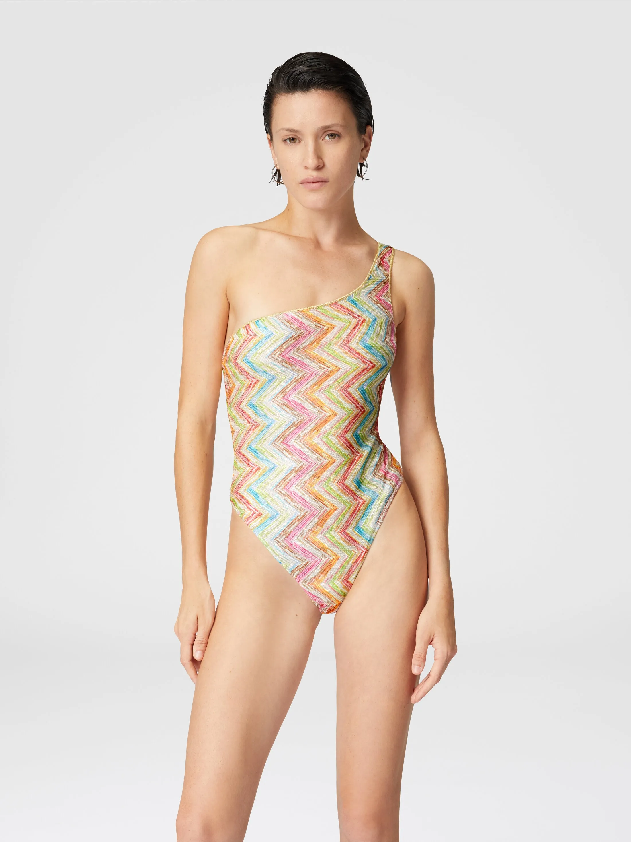 Costume intero monospalla in tulle stampato