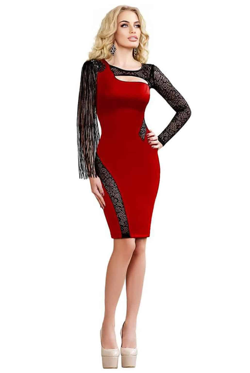Elegante abito in crepes elasticizzato con inserti in pizzo nero