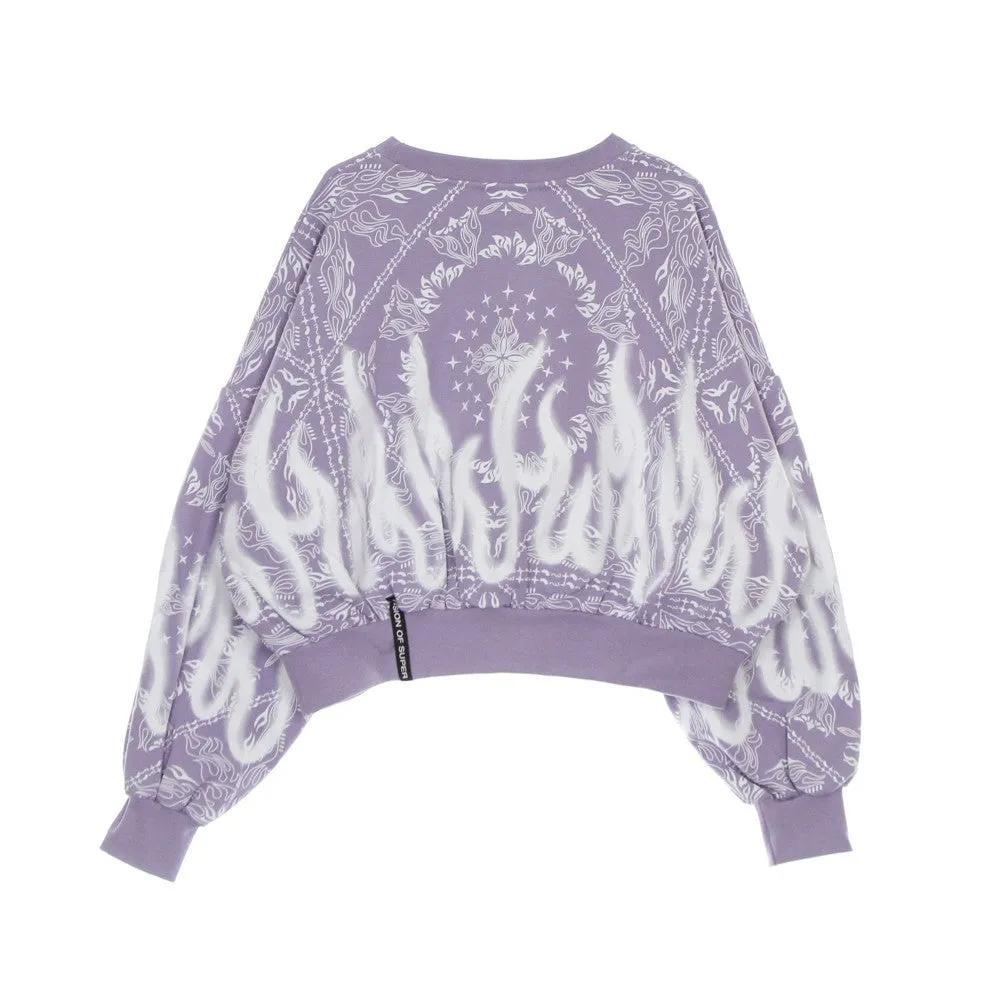 Felpa Leggera Girocollo Corta Donna Crop Hoodie Spray Flames Lilac/white