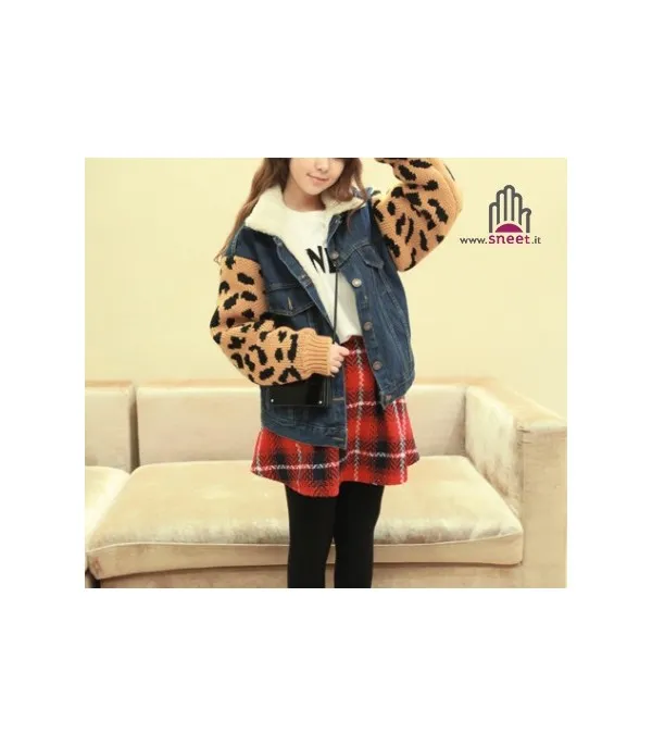 Giacca jeans maniche leopard - Dream Shop