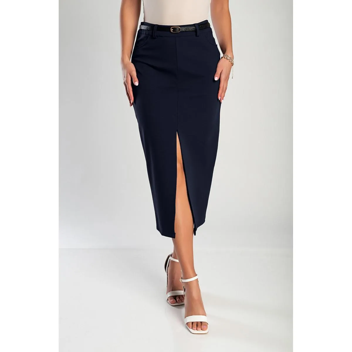 Gonna midi elegante con cintura, blu