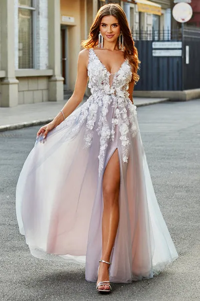 Grigio Rosa A Line Profondo Scollo a V Abito Lungo Prom con Appliques