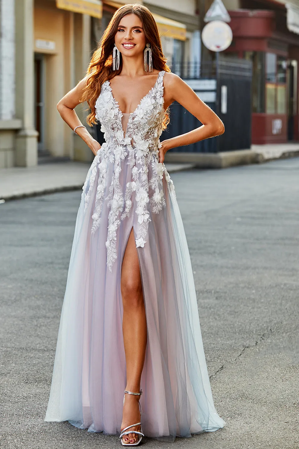 Grigio Rosa A Line Profondo Scollo a V Abito Lungo Prom con Appliques