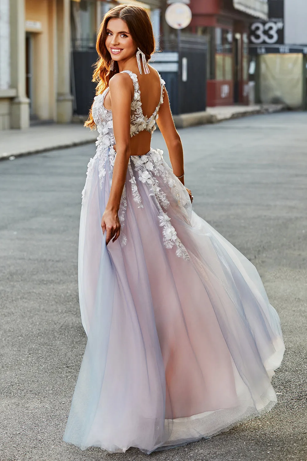 Grigio Rosa A Line Profondo Scollo a V Abito Lungo Prom con Appliques