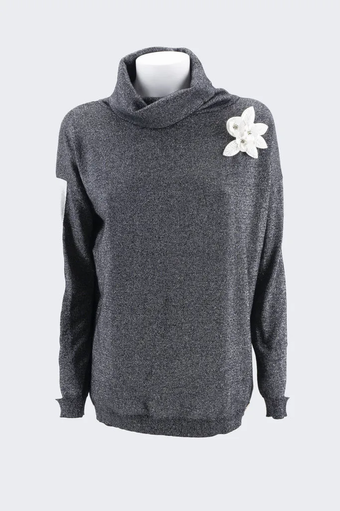 High Neck Sweater with Application / Black