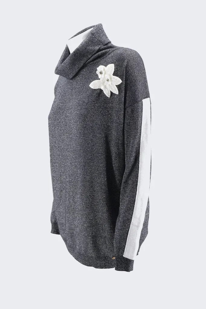 High Neck Sweater with Application / Black