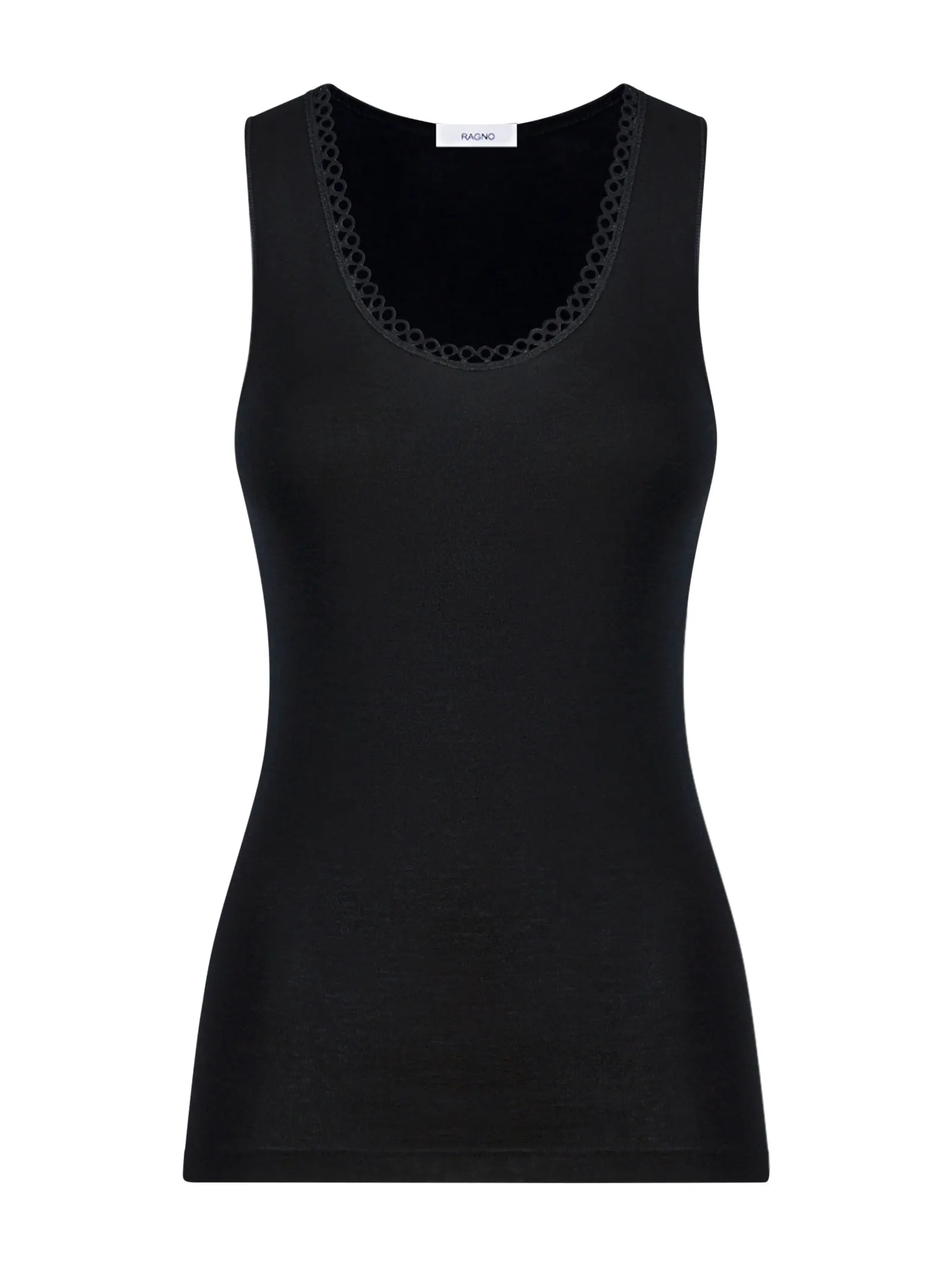 Lana Seta - Canottiera spalla larga in maglia unita di lana e seta con pizzo - Nero